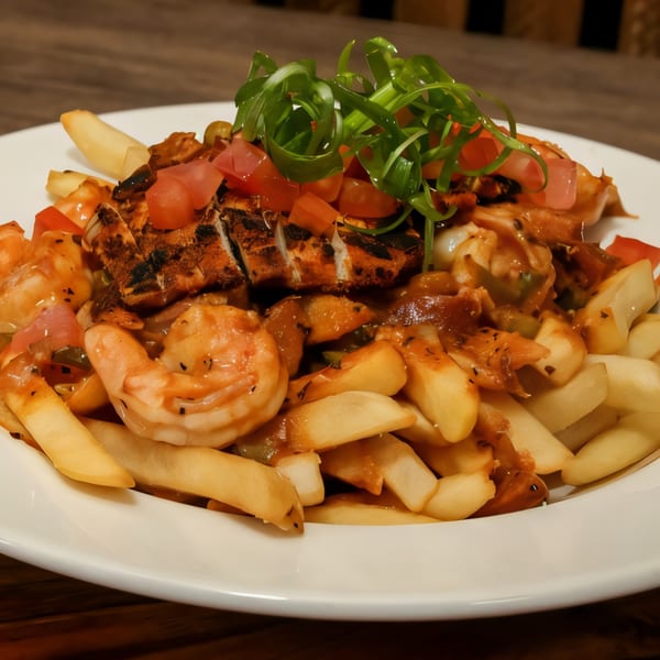 PK Oyster Bar's seafood poutine with grilled chicken, shrimp, fries, gravy, tomatoes, and green onions.