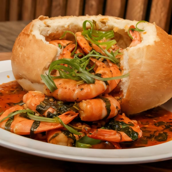 Shrimp in a rich red sauce, garnished with green herbs, served in a hollowed-out bread bowl.