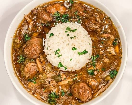Chicken, Sausage Gumbo and Grits.